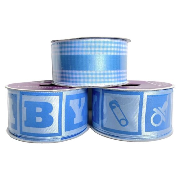Lot of 3 Celebrate It Satin Ribbon 1.5" Wide Blue Baby Checkered 13 Yards Total - Picture 1 of 4